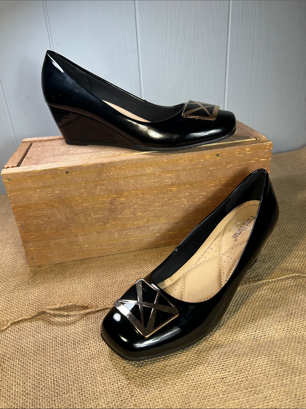 Pierre Dumas Black Patent Wedge Pumps with Geometric Gold Accent